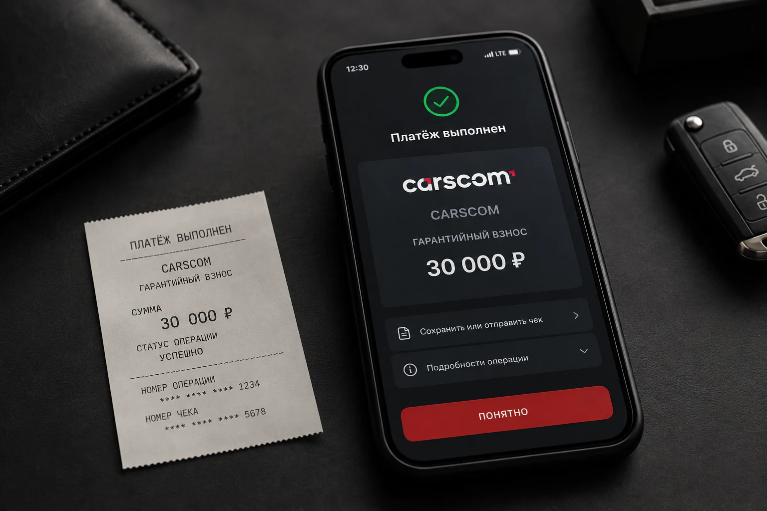 Подтверждение оплаты гарантийного взноса Carscom на 30 000 рублей